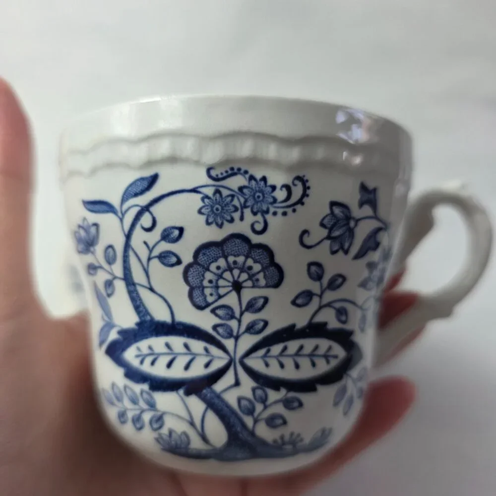 Wedgwood Blue Heritage Cup and Saucers (1 Cup 2 Saucers) White Blue Onion Design